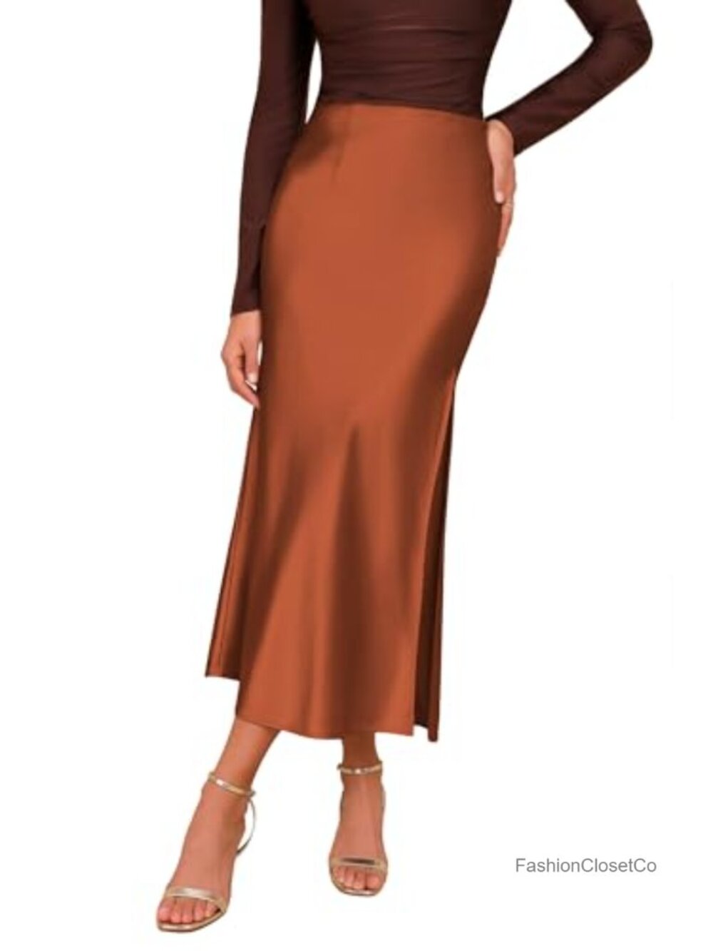 Satin High Waisted Maxi Skirt A-Line Side Slit Flowy Flared Hem